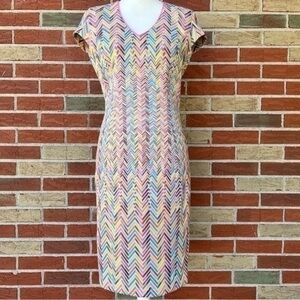 etcetera Embroidered V-neck White Pink Multicolor Short Sleeve Sheath Dress 👗